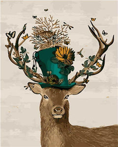 peinture par numéros | Cerf et son Chapeau | animaux, facile, rennes et biches | FiguredArt