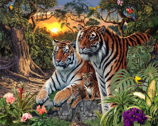 Peinture par numéros Famille de Tigre | Figured'Art complexe nouveautés animaux paysages tigres forêt