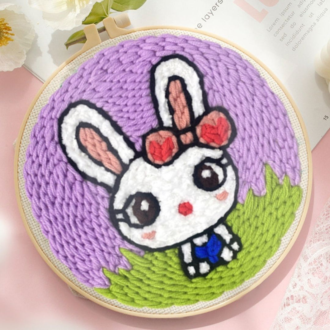 Punch Needle Lapin blanc et Noeud rouge