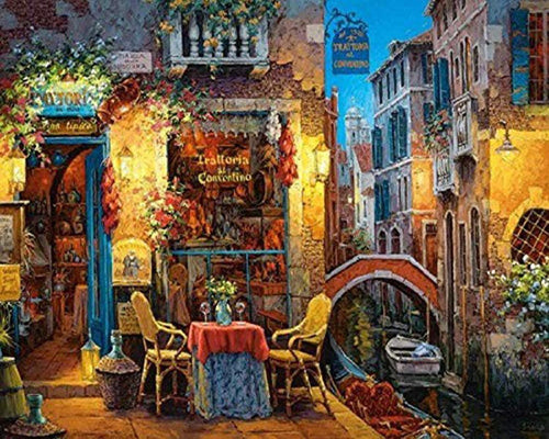 Broderie Diamant Table dans une ruelle éclairée ville | FiguredArt