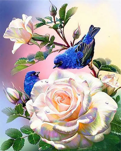 Broderie Diamant - Fleurs Blanches et Oiseaux Bleus