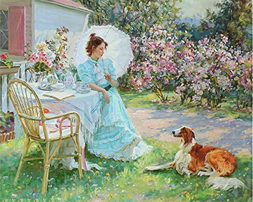 Broderie Diamant Femme et son chien dans le jardin femmes animaux chiens paysages | FiguredArt