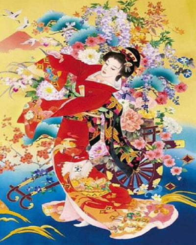 Broderie Diamant Japonaise en habits traditionnels femmes Broderie Fleurs fleurs | FiguredArt