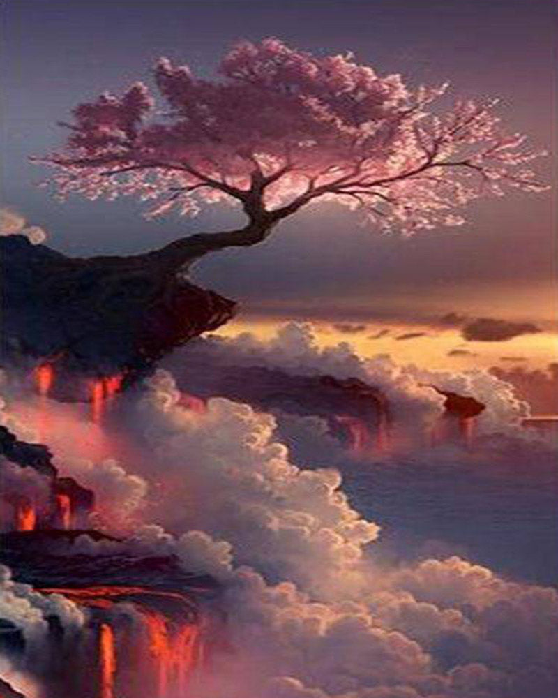Broderie Diamant - Diamond Painting Arbre rose et Nuages