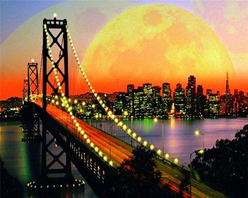 Broderie Diamant Pont de San Francisco et Pleine Lune ville | FiguredArt