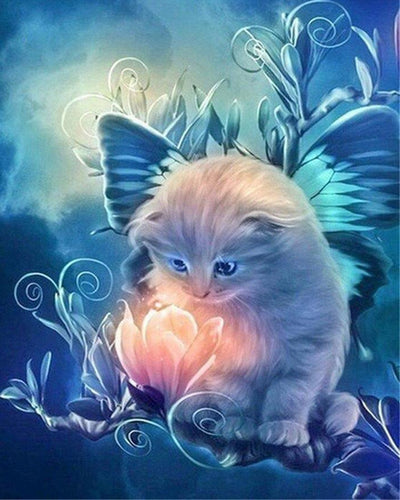 Broderie Diamant Petit Chat Curieux et fleur magique animaux chats | FiguredArt