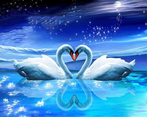 Broderie Diamant - Diamond Painting Cygnes et Coeur sous la Lune