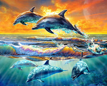 Charger l&#39;image dans la galerie, Peinture par numéros Aube de Dauphins | Figured&#39;Art intermédiaire nouveautés animaux poissons dauphins paysages