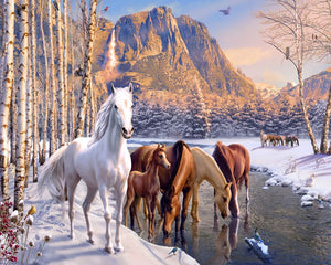 Peinture par numéros Chevaux à la fin de l'hiver | Figured'Art intermédiaire nouveautés animaux chevaux paysages