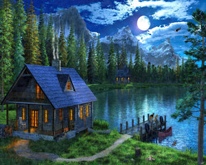 Peinture par numéros Lac nocturne | Figured'Art intermédiaire nouveautés paysages forêt