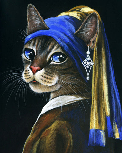 Peinture par numéros La jeune minette à la perle | Figured'Art intermédiaire nouveautés animaux chats reproduction