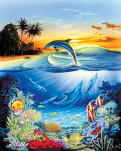 Charger l&#39;image dans la galerie, Peinture par numéros Dauphins dans le lagon | Figured&#39;Art intermédiaire nouveautés animaux poissons dauphins paysages