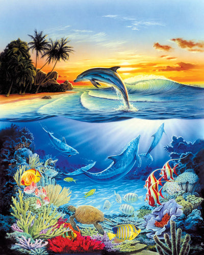 Peinture par numéros Dauphins dans le lagon | Figured'Art intermédiaire nouveautés animaux poissons dauphins paysages
