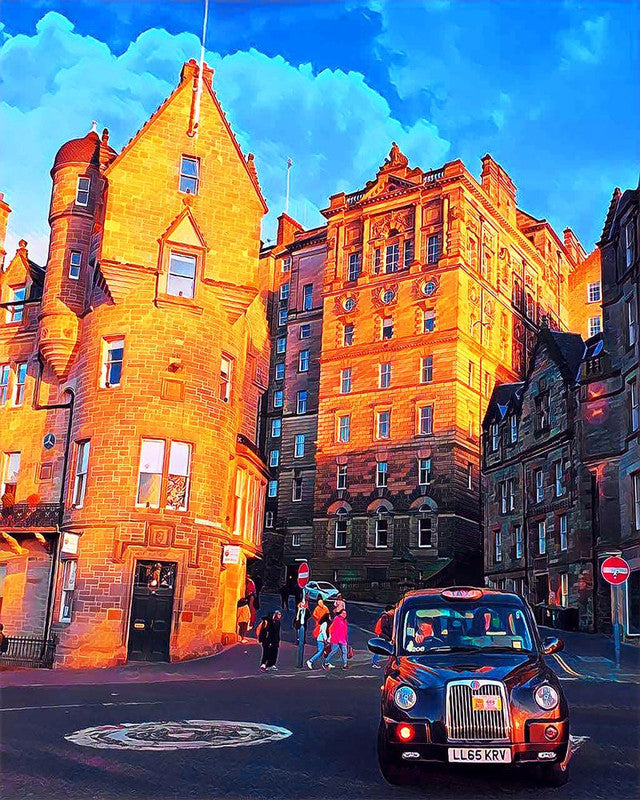 Peinture par numéros Rue Edinburgh | Figured'Art intermédiaire nouveautés ville paysages voitures et motos