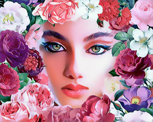 Broderie Point de Croix - Visage et Fleurs