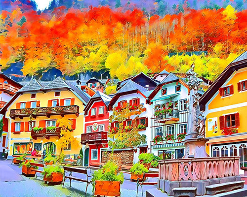 Peinture par numéros Village Suisse coloré | Figured'Art complexe nouveautés paysages ville