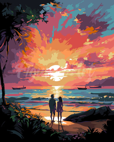 Peinture par numéros Figured'Art Couple et coucher de soleil coloré