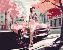 Charger l&#39;image dans la galerie, Peinture par numéros Figured&#39;Art Femme et voiture classique rose