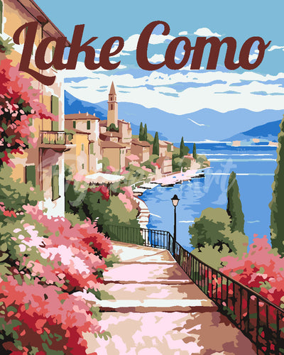 Peinture par numéros Figured'Art Affiche de voyage lac de Côme en fleurs