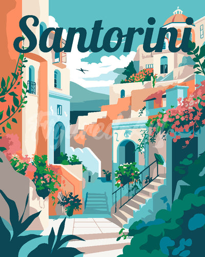 Peinture par numéros Figured'Art Affiche de voyage Santorin en fleurs