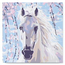 Charger l&#39;image dans la galerie, Mini Peinture par Numéros petit format 20x20cm avec cadre Cheval et Fleurs blanches