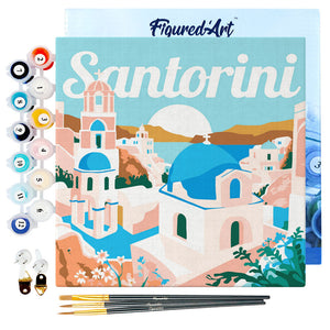 Mini Peinture par Numéros 20x20cm avec cadre Lever de Soleil à Santorin