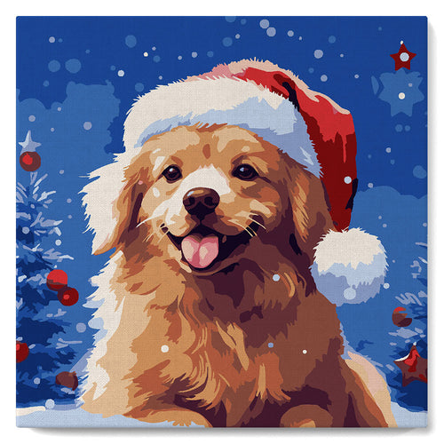 Mini Peinture par Numéros 20x20cm avec cadre Chien Mignon à Noël