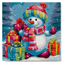 Charger l&#39;image dans la galerie, Mini Peinture par Numéros 20x20cm avec cadre Bonhomme de Neige et Cadeaux dans la Neige