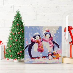 Mini Peinture par Numéros 20x20cm avec cadre Famille de Pingouins sous la Neige