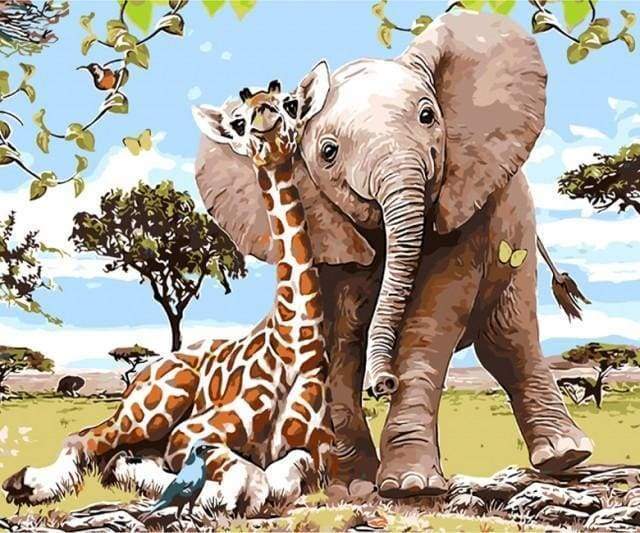 peinture par numéros | Amis Eléphant & Girafe | animaux enfants facile girafes éléphants | FiguredArt