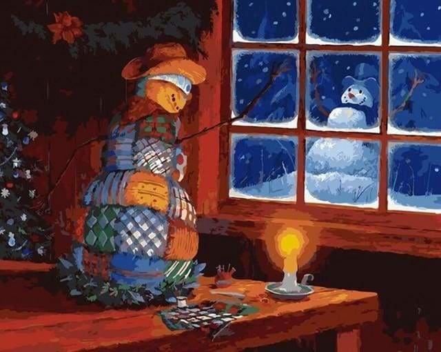 peinture par numéros | Bonhomme de Neige à la Fenêtre | intermédiaire Noël | FiguredArt