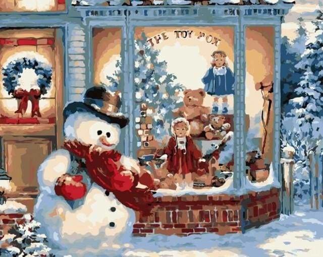 peinture par numéros | Bonhomme de neige devant la Boutique | intermédiaire Noël | FiguredArt