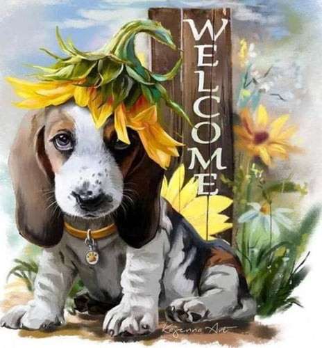 Broderie Diamant | Broderie Diamant - Basset et Tournesol | animaux Broderie Animaux | FiguredArt