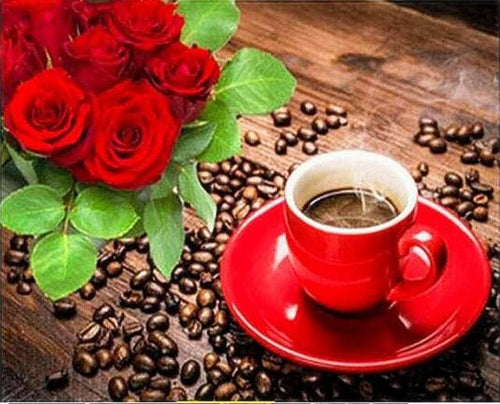 Broderie Diamant | Broderie Diamant - Café et Bouquet de roses | Broderie Cuisine Broderie Fleurs cuisine fleurs | FiguredArt