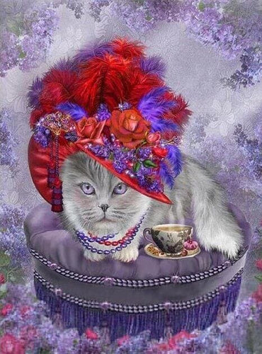 Broderie Diamant | Broderie Diamant - Chat collier et Chapeau | animaux Broderie Animaux chats | FiguredArt