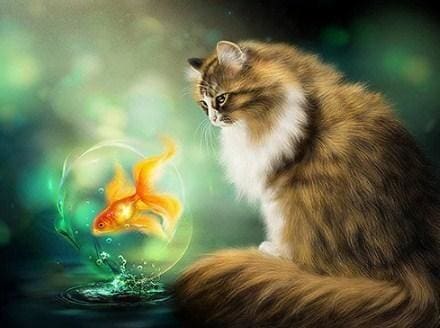 Broderie Diamant | Broderie Diamant - Chat et Poisson Rouge | animaux Broderie Animaux chats poissons | FiguredArt
