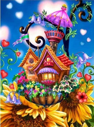 Broderie Diamant | Broderie Diamant - Chateau sur Tournesols | Broderie Fleurs chateaux fleurs | FiguredArt