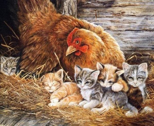 Broderie Diamant | Broderie Diamant - Chatons et Poule | animaux Broderie Animaux chats | FiguredArt