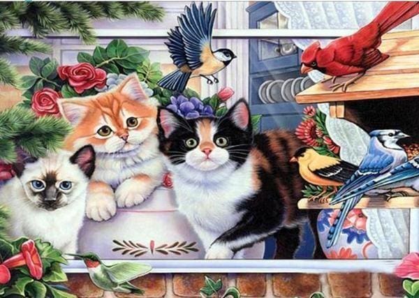 Broderie Diamant | Broderie Diamant - Chats et Oiseaux | animaux Broderie Animaux chats oiseaux | FiguredArt