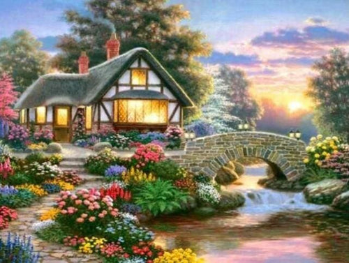 Broderie Diamant | Broderie Diamant - Chaumière fleurie | Broderie Paysages paysages | FiguredArt