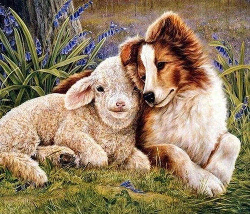 Broderie Diamant | Broderie Diamant - Chien et Agneau | animaux Broderie Animaux chiens | FiguredArt