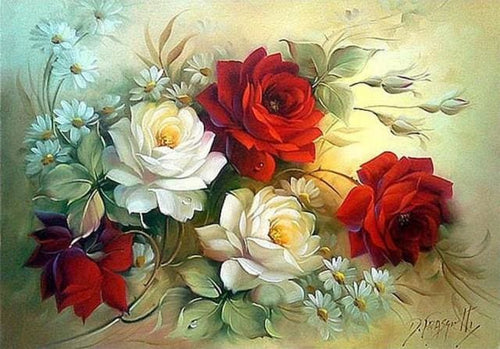 Broderie Diamant | Broderie Diamant - Composition florale rouge et blanche | Broderie Fleurs fleurs | FiguredArt