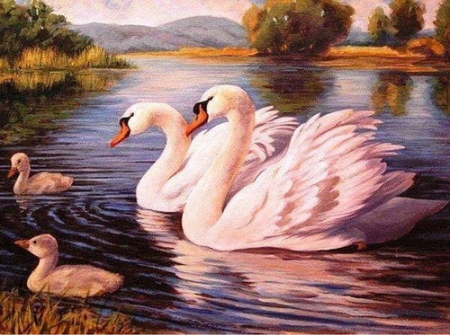 Broderie Diamant | Broderie Diamant - Cygnes et leurs petits | animaux Broderie Animaux cignes oiseaux | FiguredArt