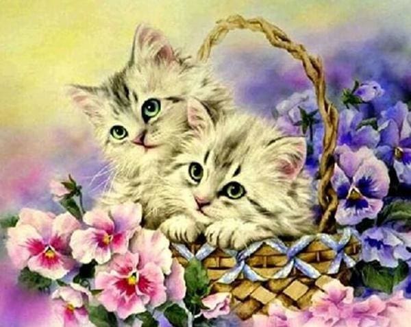 Broderie Diamant | Broderie Diamant - Deux Chats et Fleurs | animaux Broderie Animaux chats fleurs | FiguredArt