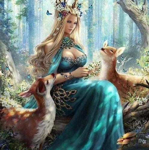 Broderie Diamant | Broderie Diamant - Fée et Faons dans la Forêt | animaux Broderie Animaux | FiguredArt