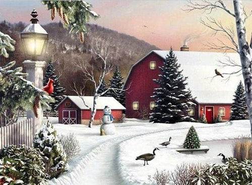 Broderie Diamant | Broderie Diamant - Ferme enneigée | Broderie Paysages paysages | FiguredArt