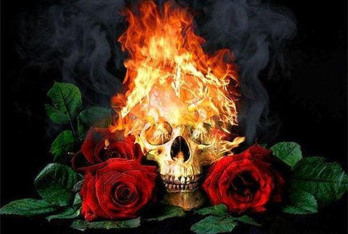 Broderie Diamant | Broderie Diamant - Feu de Roses et Crâne | Broderie Fleurs fleurs | FiguredArt