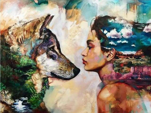 Broderie Diamant | Broderie Diamant - Jeune Femme et Loup | animaux Broderie Animaux Broderie Romantique lapins loups | FiguredArt