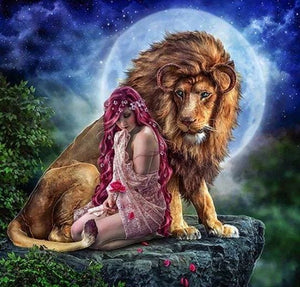 Broderie Diamant | Broderie Diamant - Le Lion et la Femme | animaux Broderie Animaux lions | FiguredArt