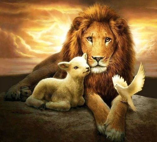 Broderie Diamant | Broderie Diamant - Lion Brebis et Oiseau | animaux Broderie Animaux lions oiseaux | FiguredArt